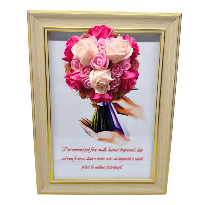 Tablou in rama A4 (30x21 cm) - Pentru o bunica fericita, pentru o mama iubita, pentru o femeie speciala, la multi ani! - v16 decorat cu flori de sapun roz - roz pal