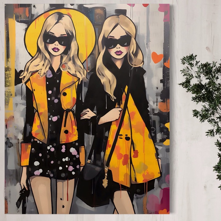 Премиум картина върху платно, LuxCanva® A1543, 2Power Girl, 100 X 135 CM, 100% памучно платно 400g/m2, дървена рамка, стая, приятелство, момичета, модели, пазаруване, хол, ярки цветове