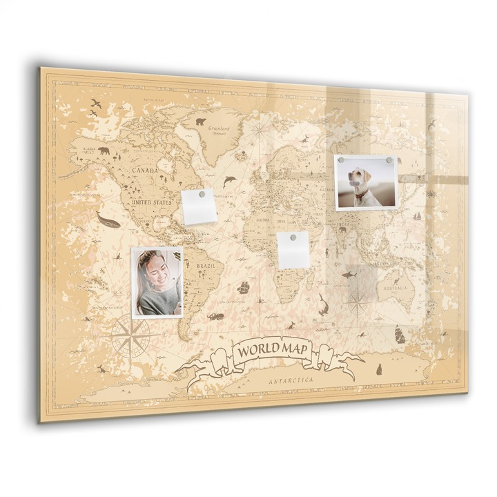 Mágneses tábla, Coloray, Vintage világtérkép, Barna, 100x70 cm, Fekete marker, 00088503