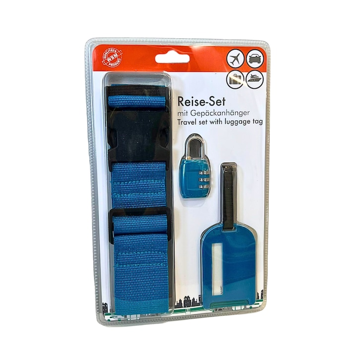 Kit de calatorie culoare albastru - lacat, curea si eticheta bagaj