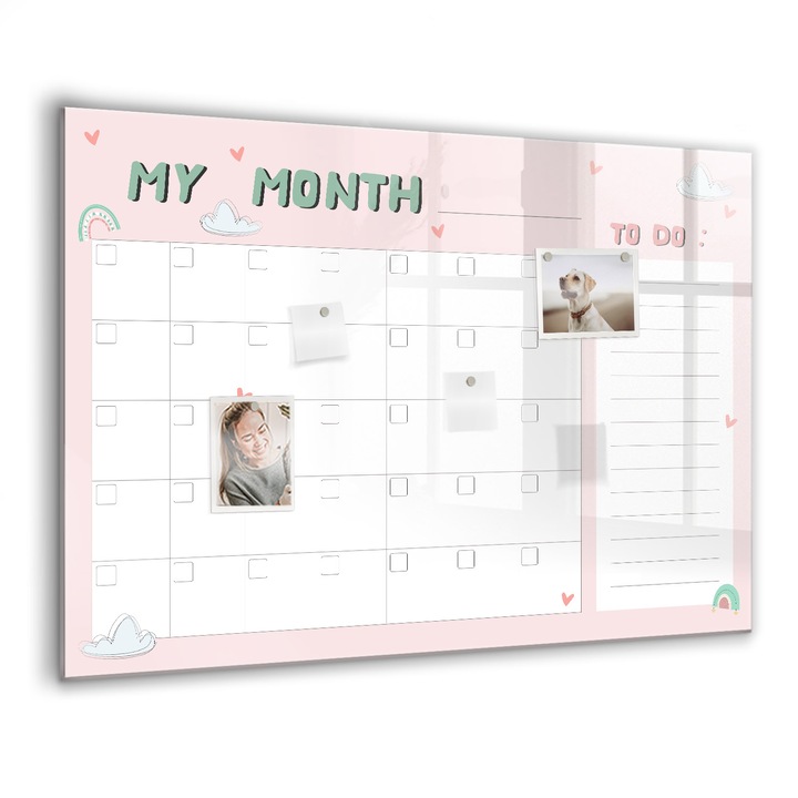 Mágneses tábla, Coloray, Havi tervező gyerekeknek, Rózsaszín, 100x70 cm, Fekete marker, 00088358