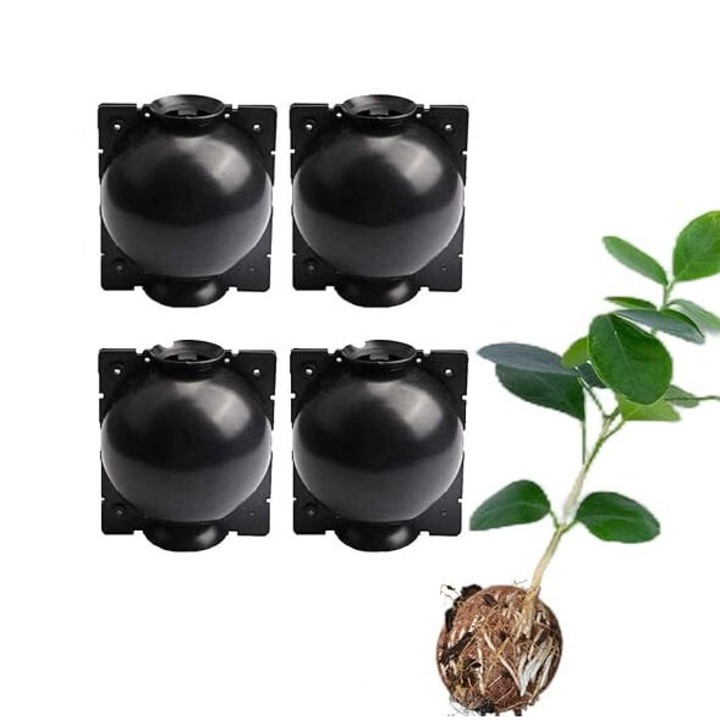 4 cutii de reproducere la presiune inalta pentru plante, bile de inradacinare si reproducere prin altoire pentru plante de gradina, reutilizabile, material PP, ventilate si permeabile la aer, fara oxidare, negru