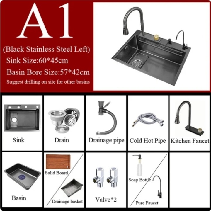 Set chiuveta multifunctionala bucatarie, baterie si accesorii, Blackswan, Tip A1, model negru, gri antracit, baterii tip cascada si pentru apa purificata, dimensiune 60 x 45 cm