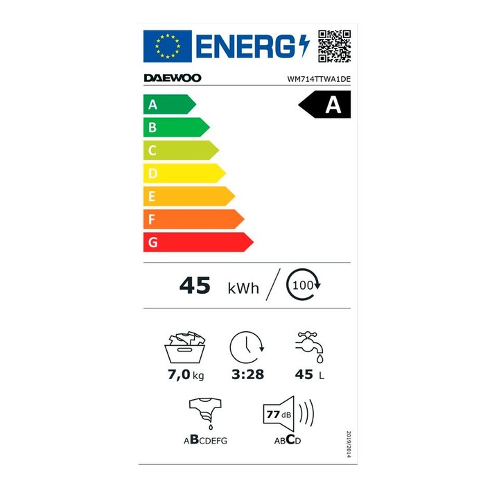 Masina De Spalat Rufe Frontala DAEWOO WM714TTWA1DE, Clasa A, 7 Kg, Motor Inverter, 1400 Rpm, Alb