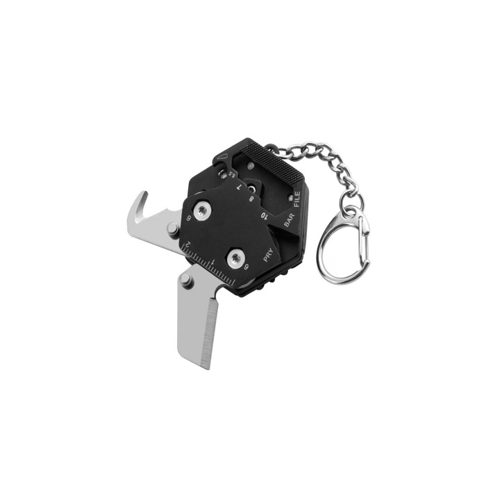 Breloc multifunctional, 14 in 1, din otel inoxidabil pentru Pescuit, Vanatoare, Supravetuire, Drumeti, Camping, Auto-aparare, Black