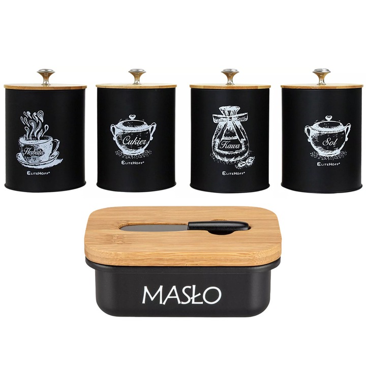 Set de 4 recipiente negre pentru ceai, zahar, cafea, sare cu maselnita Elitehoff E-6055