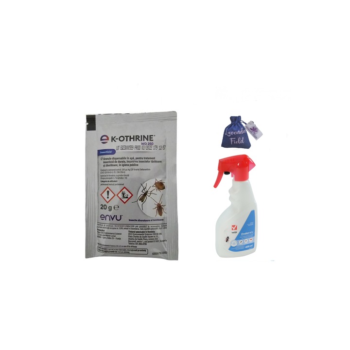 Spray insecticid Draker RTU 400 ml si Kothrine 20 gr si sac lavanda LF10 gr, anti muste, tantari, capuse, furnici