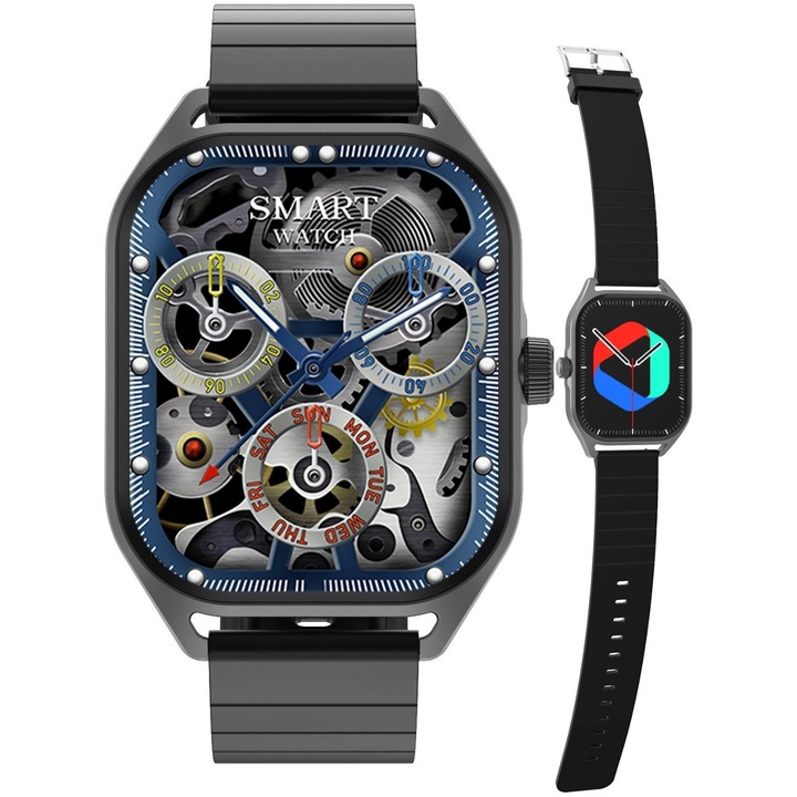 Ceas Smartwatch DT™ WA9CH MAX 2.04” Infinity AMOLED, Primire/Efectuare Apel, AI Asistent Vocal, NFC Acces Control, 24/7 Fitness Tracker, Monitorizare HR/ECG/Somn/SpO2, Incarcare Wireless, Limba Romana, Alarma, Notificari, Curea Silicon, Black Sky
