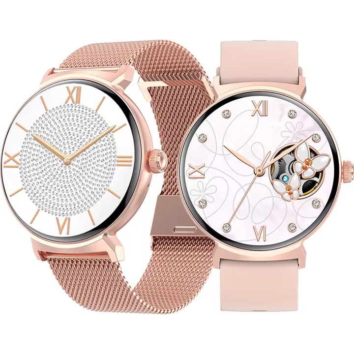 Ceas Smartwatch DT™ WATCH4 PRO 1.45” AMOLED Always ON Display, Apel Bluetooth, AI Asistent Vocal, 24/7 Fitness Tracker, Monitor Sanatate, Limba Romana, Music Player, Incarcare Wireless, Alarma si Notificari, Curea Metalica si Silicon, Mirage Gold