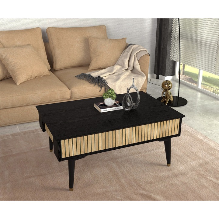 Masuta Cafea, UnicUtil®, Masa Living Contrast Lux, 90 x 60 x 38 cm, Masa Cafea Moderna cu Design Elegant si Finisaj Contrastant, Realizata din PAL Melaminat Durabil, Mobilier Ideal pentru Living sau Birou, Organizare si Decor, Natur Negru