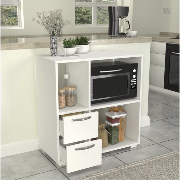 Dulap Bucatarie Organizator, UnicUtil®, Dulap Cuptor Microunde, 80 x 40 x 83 cm, Design Modern si Functional din PAL Durabil, 2 Sertare si Rafturi Deschise pentru Condimente si Ustensile, Mobilier Compact si Practic, Ideal pentru Organizare Bucatarie, Alb