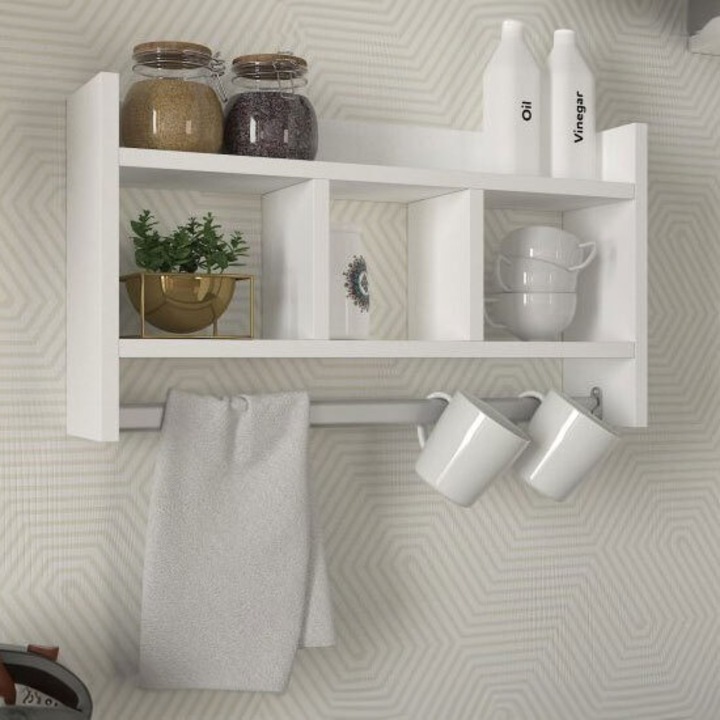 Etajera Organizator pentru Bucatarie, UnicUtil, 63.6 x 35 x 15 cm, PAL, 2 Rafturi pentru Depozitare, Suporta Pana la 4 kg, Montare pe Perete, Finisaj Laminat, Ideala pentru Bucatarie, Design Modern, Neasamblata, Culoare Alb