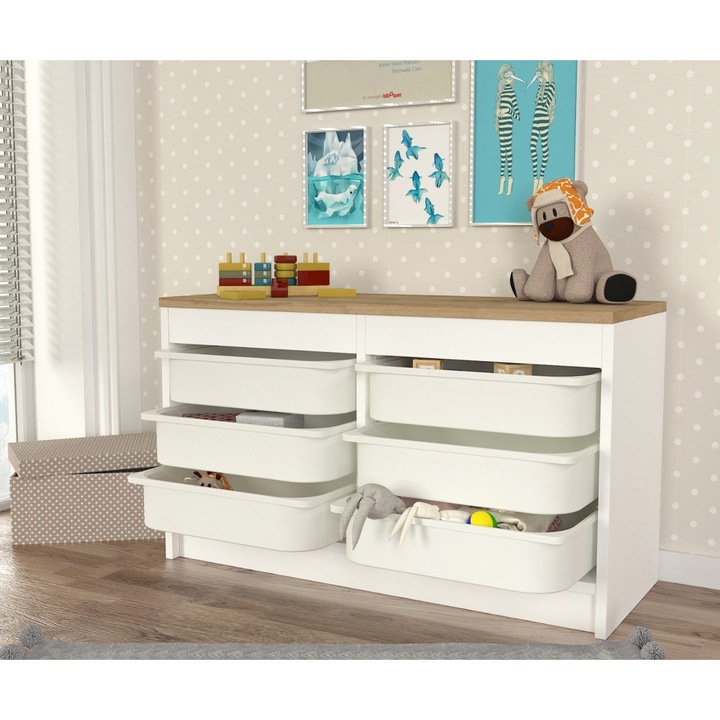 Organizator Jucarii, UnicUtil®, Depozitare Jucarii, 89 x 34 x 52 cm, 6 Compartimente Spatioase pe 3 Niveluri, Design Modern din PAL Durabil, Ideal pentru Organizare Camera Copii, Haine, Jucarii si Accesorii, Mobilier Sigur, Usor de Intretinut, Alb