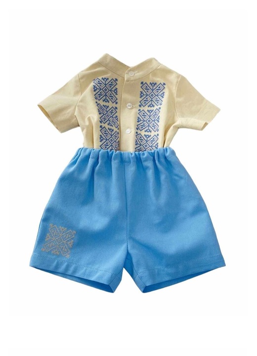 Costumas bebe Etno, din bumbac, de vara, 2 piese brodate cu motive traditionale, bej / albastru, Marimea 68 (4 - 6 luni), RoAna Atelier