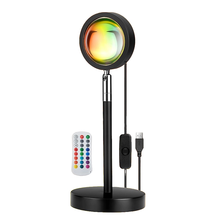 Lampa ambientala RGB NEXTLY, control prin aplicatie si telecomanda, sunset lamp, lumina de veghe, 8 moduri, 16 culori, sincronizare muzicala, timer, ajustare luminozitate, corp metalic, cap rotativ, negru