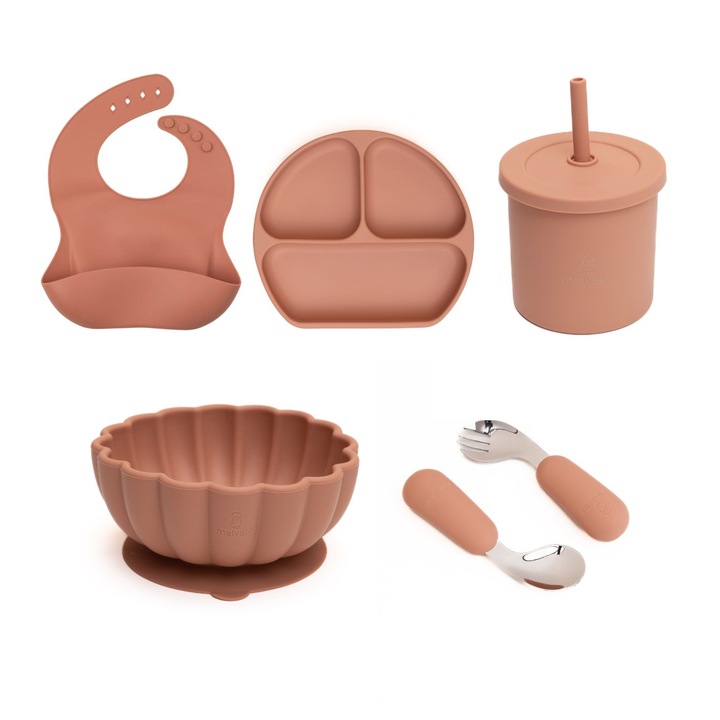 Set hranire bebe, silicon, diversificare - Include Farfurie plata, Bol pumpkin, Baveta, Lingurita si Furculita, Cana 2 in 1, Melvelo - Peach