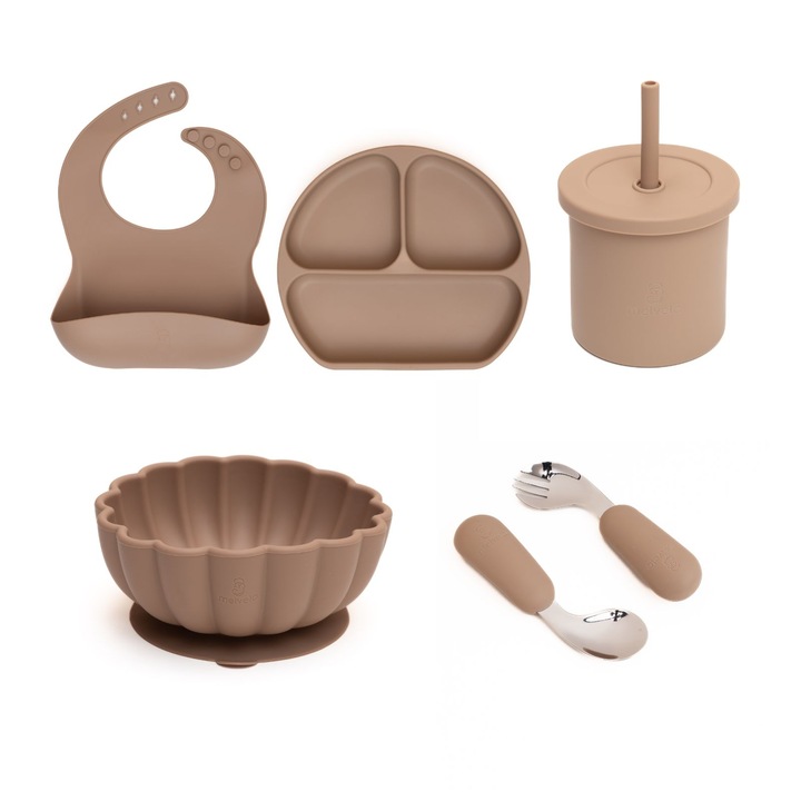 Set hranire bebe, silicon, diversificare - Include Farfurie plata, Bol pumpkin, Baveta, Lingurita si Furculita, Cana 2 in 1, Melvelo - Natural