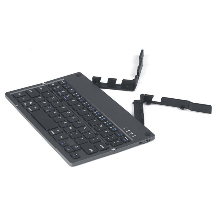 Fresner® Ultra Slim összecsukható billentyűzet, hordozható, telefon- és tablettartó, iOS / Android / Windows rendszerrel kompatibilis, Bluetooth kapcsolat, szürke