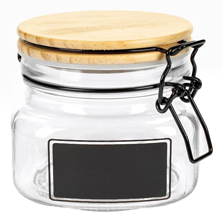 Borcan de depozitare alimente din sticla transparent cu capac de siguranta din lemn si eticheta Shopiens®, 500 ml