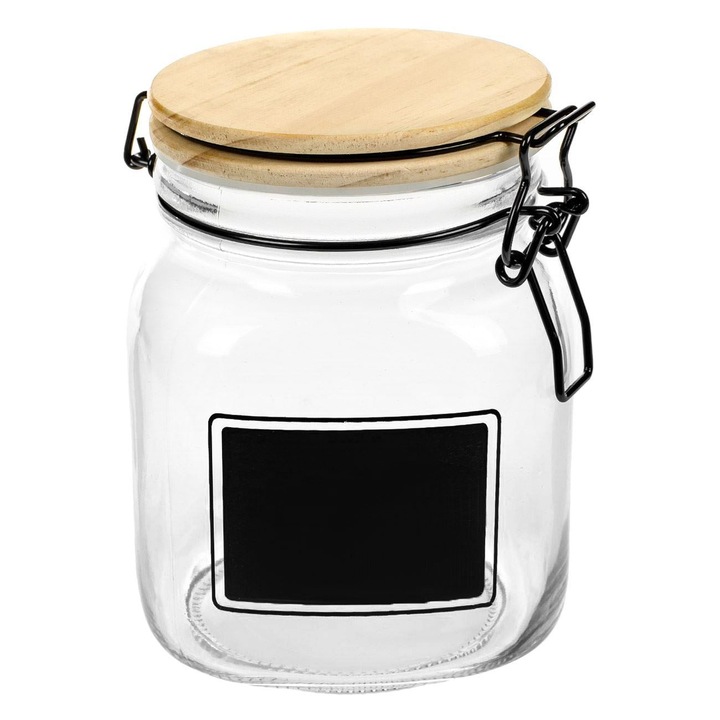 Borcan de depozitare alimente din sticla transparent cu capac de siguranta din lemn si eticheta Shopiens®, 1 L