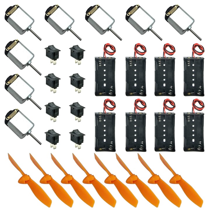 Set de 8 motor DC 1.5V-6V, 15000-16500 RPM, cu 8 carcase cu suport baterie, 8 intrerupatoare, 8 elice, pentru jucarii, experimente, T545