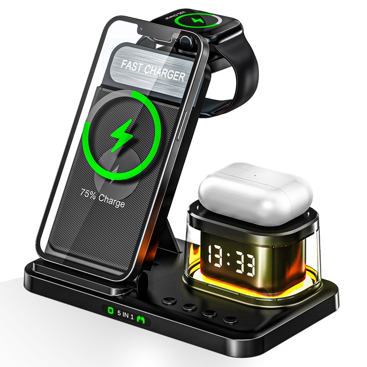 Безжично зарядно 5 в 1, Timebox, Fast-Charge 15W, с часовник и нощна светлина, Сгъваемо, Съвместимо с iPhone, Samsung, Huawei, Airpods, Apple Watch, Черен