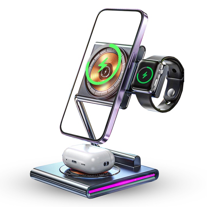 Безжично зарядно устройство Timebox 3 в 1, бързо зареждане 15 W, сгъваемо, RGB светлина, съвместимо с iPhone, Samsung, Airpods, прозрачно, сиво