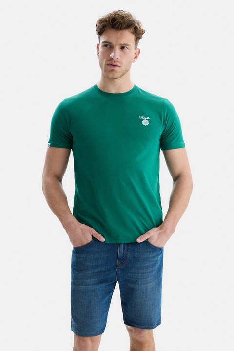 UCLA, Tricou de bumbac cu decolteu la baza gatului, Verde aquamarin
