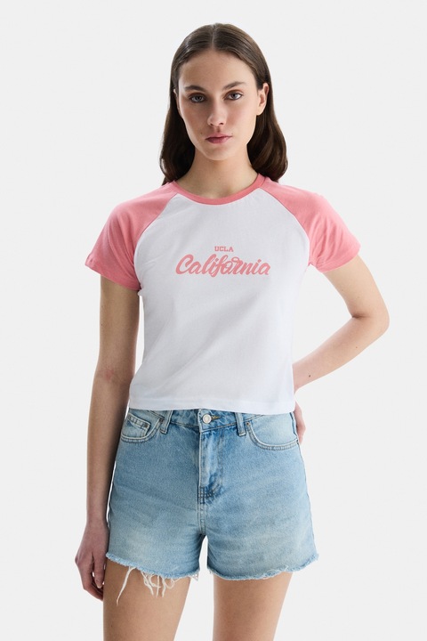 UCLA, Tricou din bumbac cu maneci raglan Carolina, Alb, Roz, XL