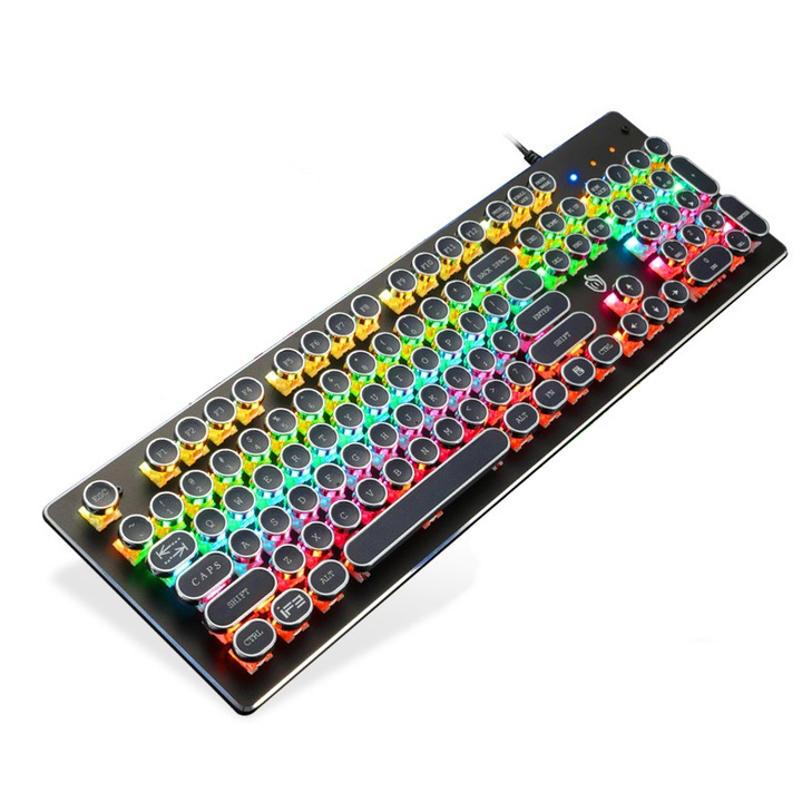 Tastatura de gaming, ax cyan, 9 efecte de iluminare din spate, clape placate Punk, PMIXO, retro mecanic, negru
