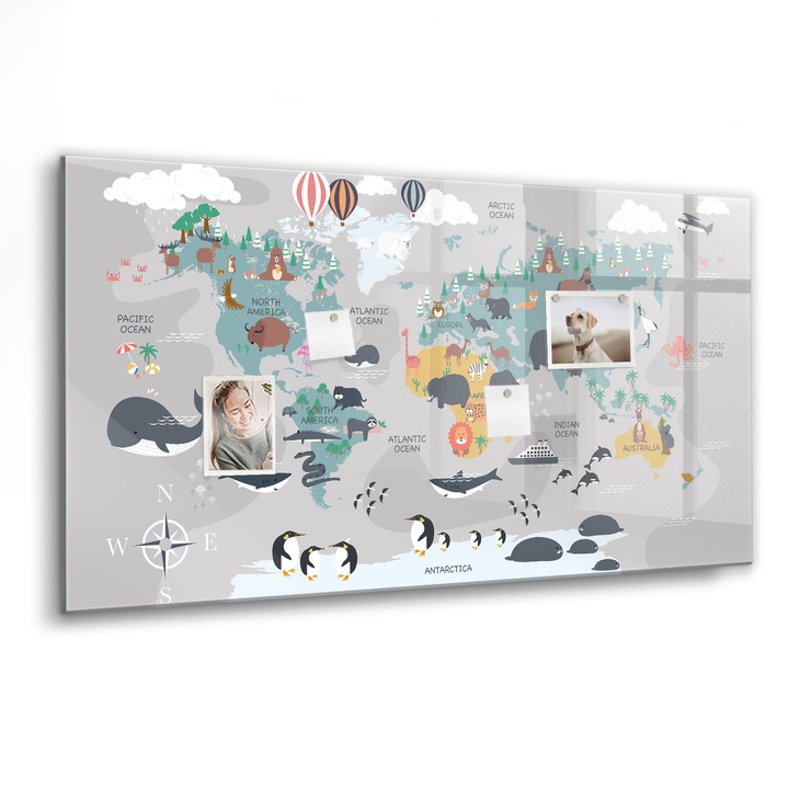 Tabla magnetica, Coloray, Harta de desene animate, Multicolor, 120 x 60 cm, Magneti, Marker negru, 010640700040300088436