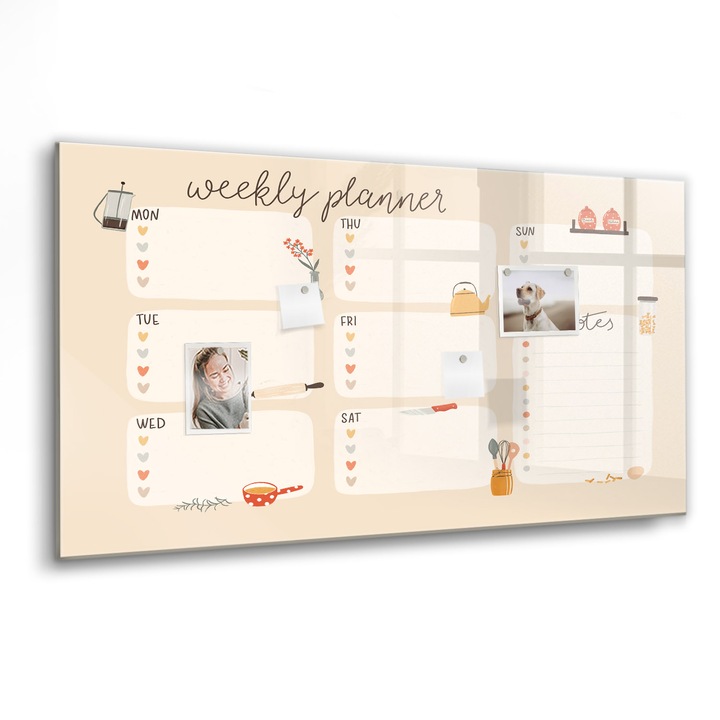 Tabla magnetica, Coloray, Planificator saptamanal, Galben, 120 x 60 cm, Magneti, Marker negru, 010640700040300260236