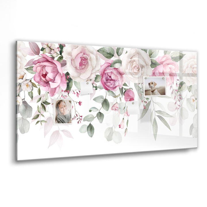 Tabla magnetica, Coloray, Trandafiri de acuarela, Roz, 120 x 60 cm, Magneti, Marker negru, 010640700040300088303
