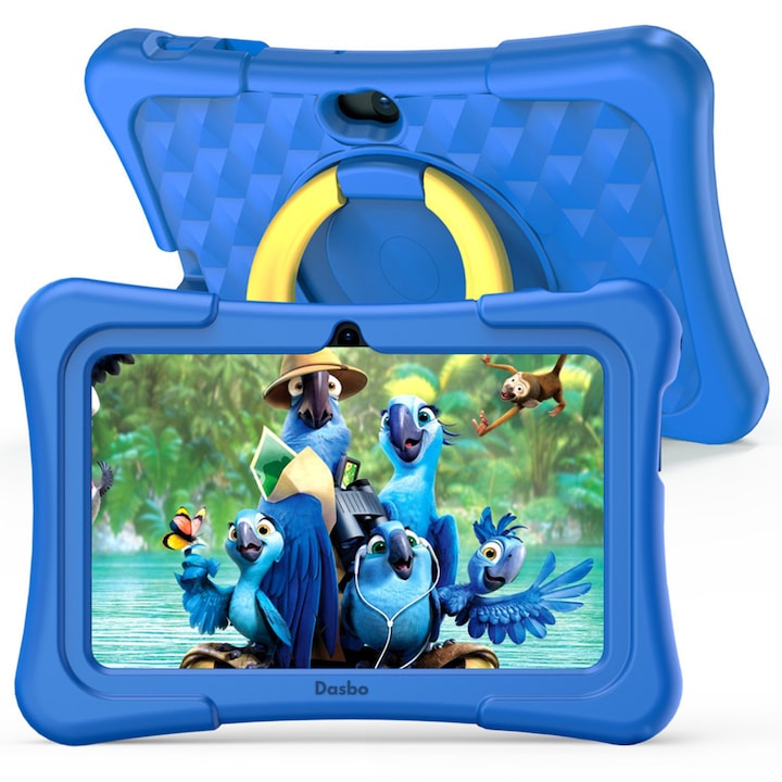 Tableta pentru copii de 7 inch Dasbo®, Android, 3GB RAM, 32GB ROM (extensibila la 128GB), Software pentru copii preinstalat, Ecran tactil cu husa protectie inclusa, Bluetooth, WiFi, camera dubla, Albastru