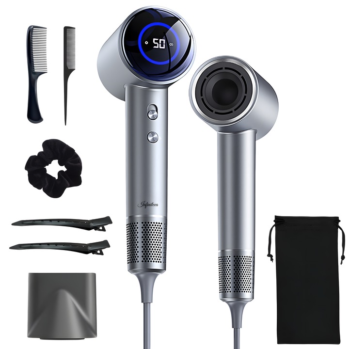 Сешоар Infiniteea™, 1800 W, йонизация, 4 температурни нива, 2 скорости, безшумен, иновативна технология за защита на косата, концентратор, калъф за съхранение, ластик за коса, гребен, включени щипки, сив