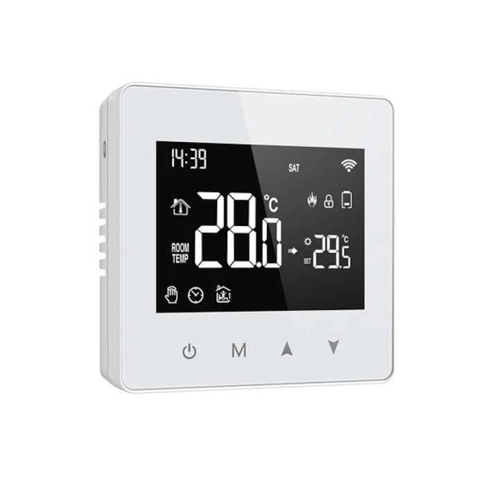 Termostat inteligent WiFi, ecran tactil LCD, alb, control vocal, 15-95°C