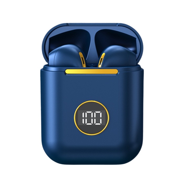 Casti wireless Bluetooth, TWS, Noise canceling, afisaj LED, control prin amprenta, rezistent la apa, Bluetooth 5.2, albastru