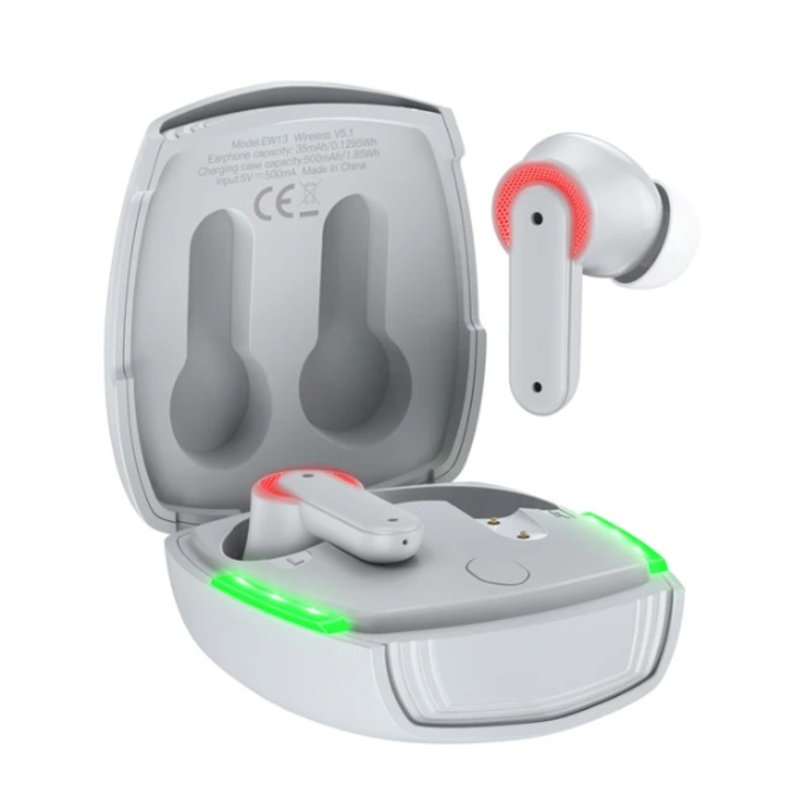 Безжични слушалки Buds In-Ear, Bluetooth 5.1 връзка, TWS, ENC, подходящи за игри, капацитет на батерията на корпуса 500 mAh, автономност при възпроизвеждане на музика 4,5 часа, поликарбонат, сив