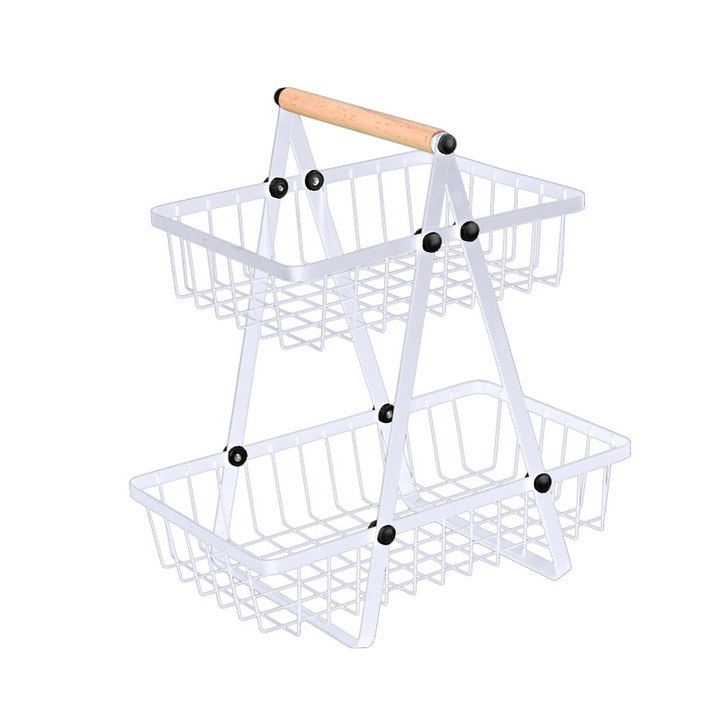 Cos de fructe, AHAPFAMLY, Metal/Lemn, 2 Nivele, 30.2X19.5X33.5cm, Alb