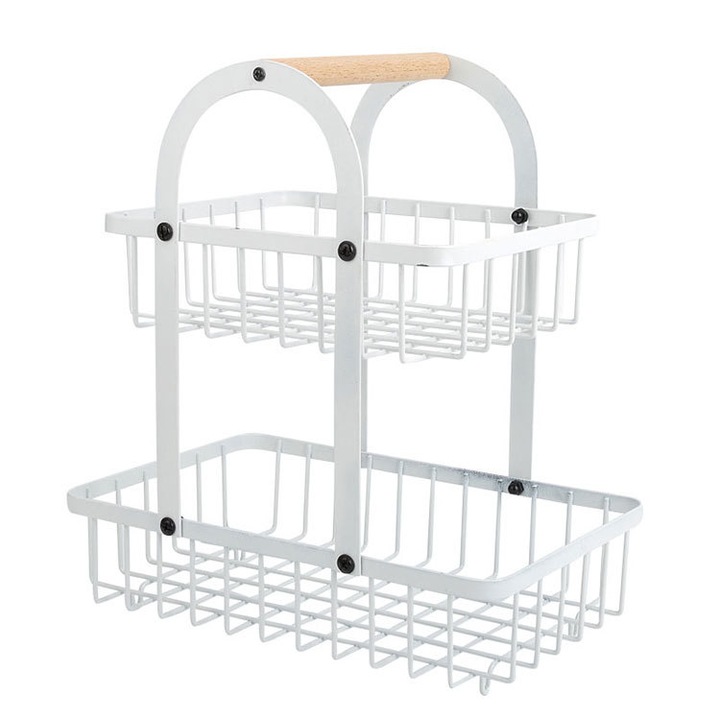 Cos de fructe, AHAPFAMLY, Metal/Lemn, 27x17x30cm, Alb/Maro