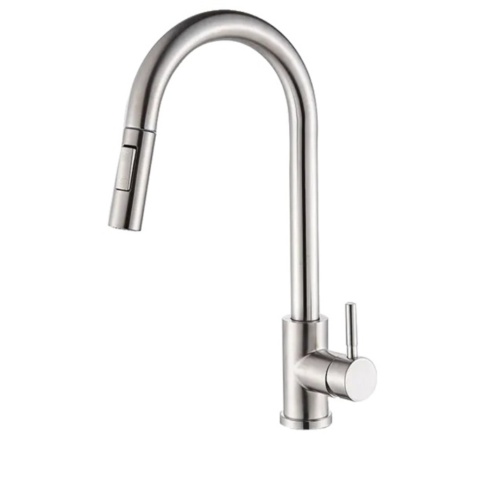 Кухненски смесител, С разтегателен чучур, 360 въртене, Месинг, Сребрист, 250 мм