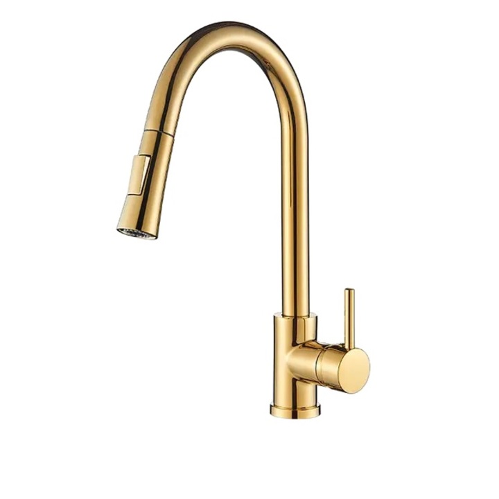 Konyhai csaptelep, Kerámia, kihúzható permetező, fényes arany, 250x135x200mm