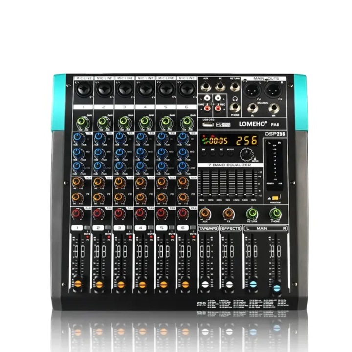 Компактен аудио миксер Lomeho, 6 канала, Bluetooth, 256 цифрови ефекта, черен, EU щепсел