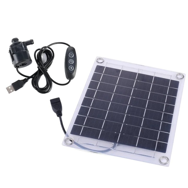 Pompa de apa solara, panou monocristalin 10W, 21.5x17.5cm, negru, portabila, 800l/ h, 5m
