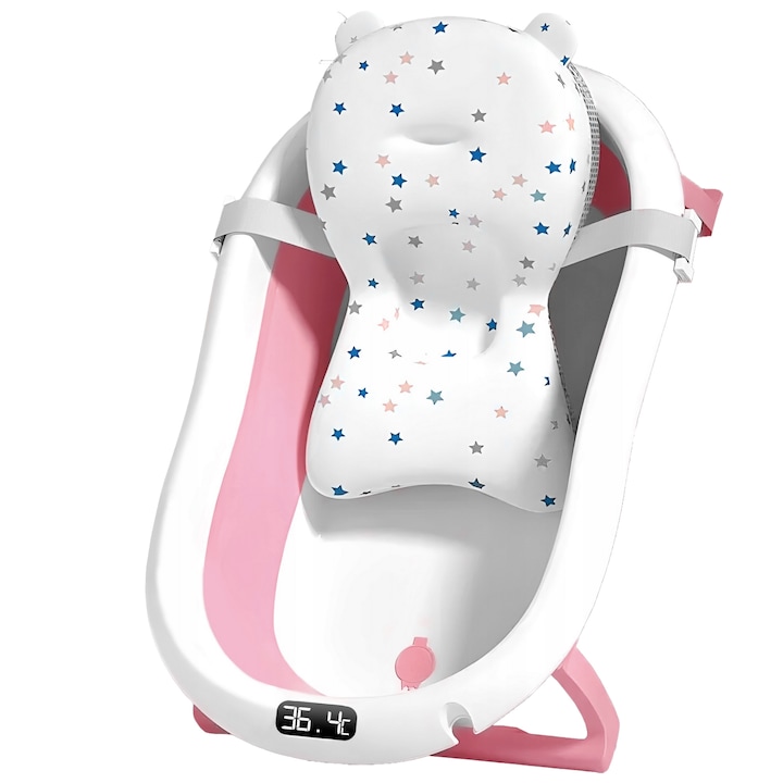 Бебешко корито GALAXIA®, бебешко корито с опора и термометър, сгъваемо, включва подвижна предпазна възглавница, защита против приплъзване, максимално натоварване 46 кг, розово