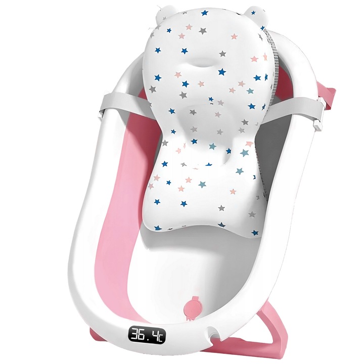Cadita Bebe GALAXIA®, cu suport si termometru, pliabila, include o perna de siguranta detasabila, protectie anti-alunecare, sarcina maxima 46 kg, roz