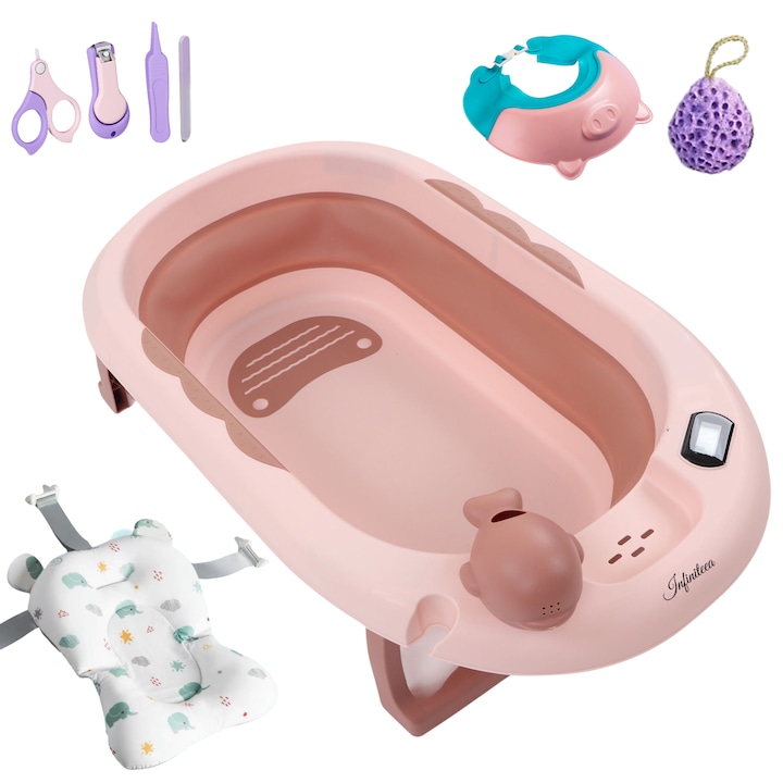 Бебешка вана с възглавница Infiniteea™, сгъваема, вграден термометър, чаша за изплакване, държач за душ слушалка, противоплъзгаща, тапа за източване на водата, ергономичен дизайн, защита за главата, ножица, детски пинсети, гъба в комплекта, Розово