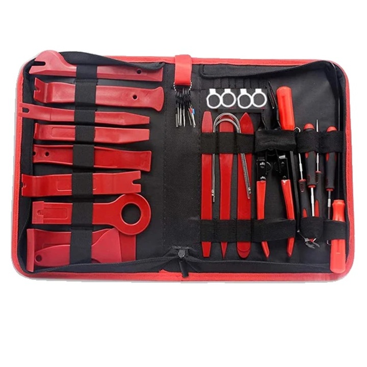 Set 38 piese pentru demontare tapiterie auto, poliformadehida, husa oxford rosu, ergonomic