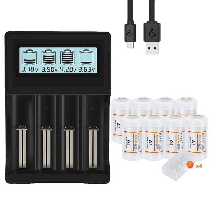 Set 8 Baterii Reincarcabile Li-ion cu incarcator, 800 mAh, USB, CR123A / 16340 / 16350, Negru