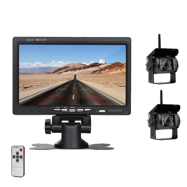 Монитор за кола със 7 инча LED екран, задно виждане, корекции на изображението, черен, комплект с две камери